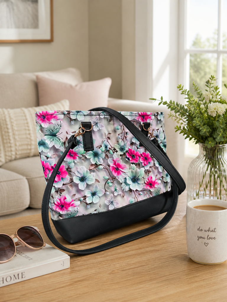 Handmade floral crossbody handbag with black faux leather trim displayed in a cozy lifestyle living room setting.
