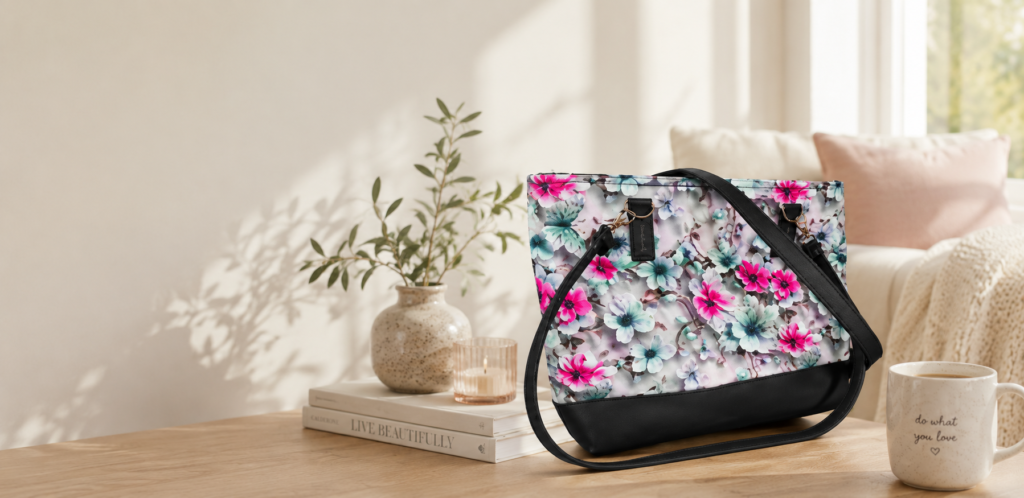 Handmade floral tote bag with black accents displayed in a bright neutral living room lifestyle setting
