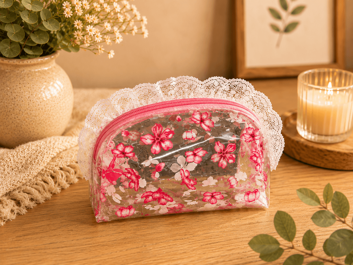 cherry blossom clear vinyl cosmetic bag