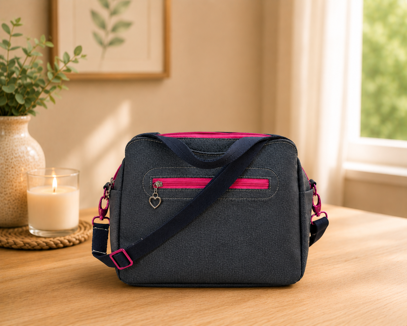 Back view of a handmade vinyl handbag with rear zipper pocket, adjustable crossbody strap, and bright pink accents.