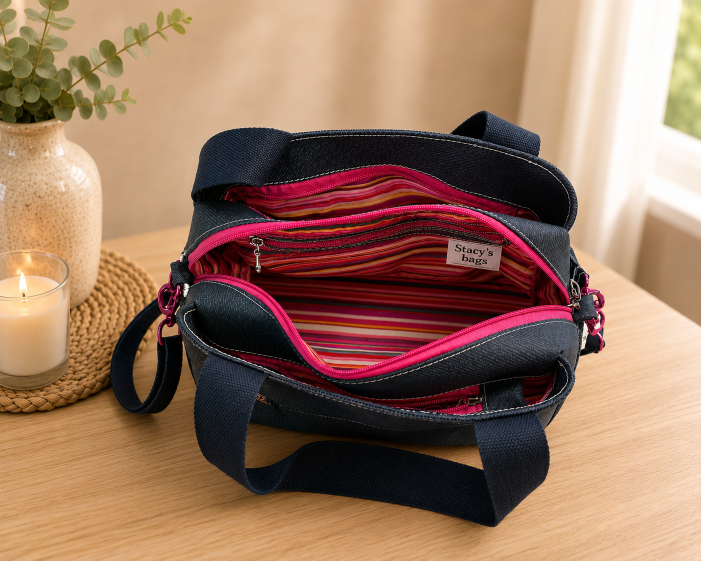 Open handmade vinyl handbag with colorful striped lining, zippered organizer pockets, and spacious interior by Stacy’s Bags.