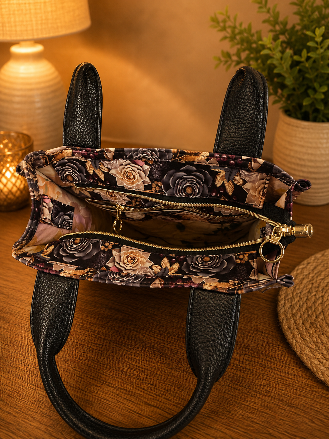 floral tote bag interior with zipper pockets – handmade bag