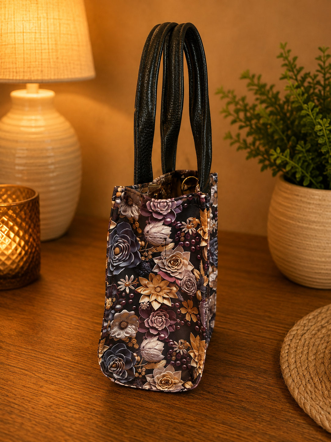 Handmade floral tote bag with black handles shown from the side