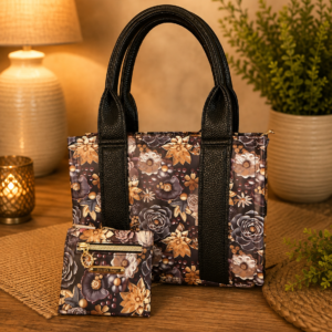 Handmade floral tote bag with black handles and matching petite wallet