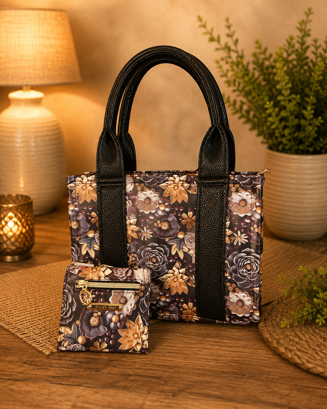 Handmade floral tote bag with black handles and matching petite wallet