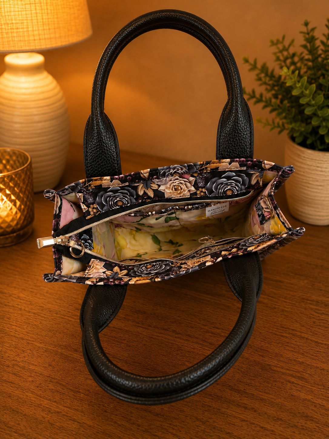 Handmade floral tote bag interior with 2 slip pocket compartments
