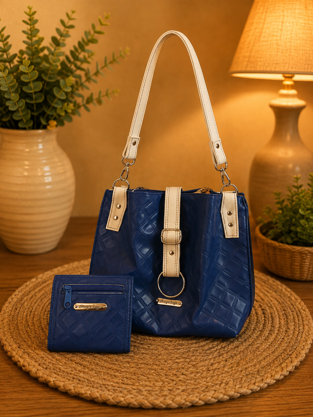 handmade blue quilted vinyl bag matching wallet set