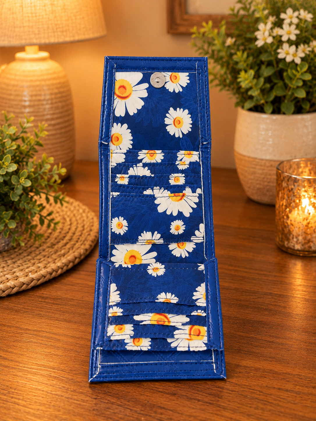 handmade blue quilted vinyl wallet daisy interior card slots