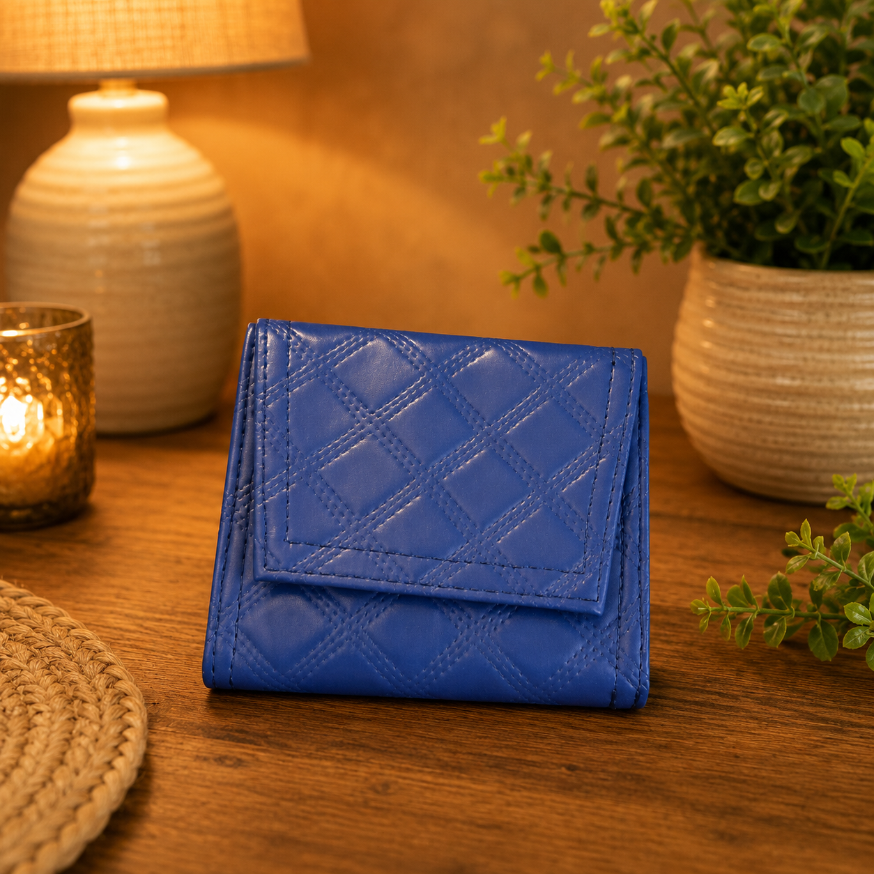 handmade blue quilted vinyl wallet front view