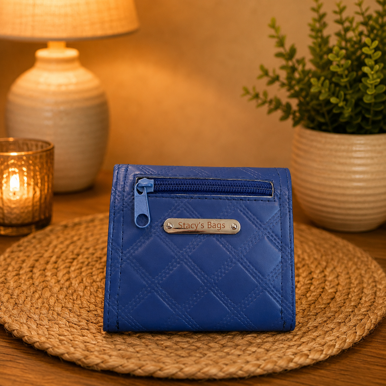 handmade blue quilted vinyl wallet zipper pocket