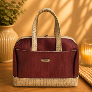 handmade burgundy cream vinyl bowler bag front view