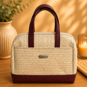 handmade cream burgundy vinyl bowler bag front view