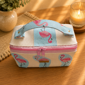 handmade flamingo vinyl cosmetic case front view