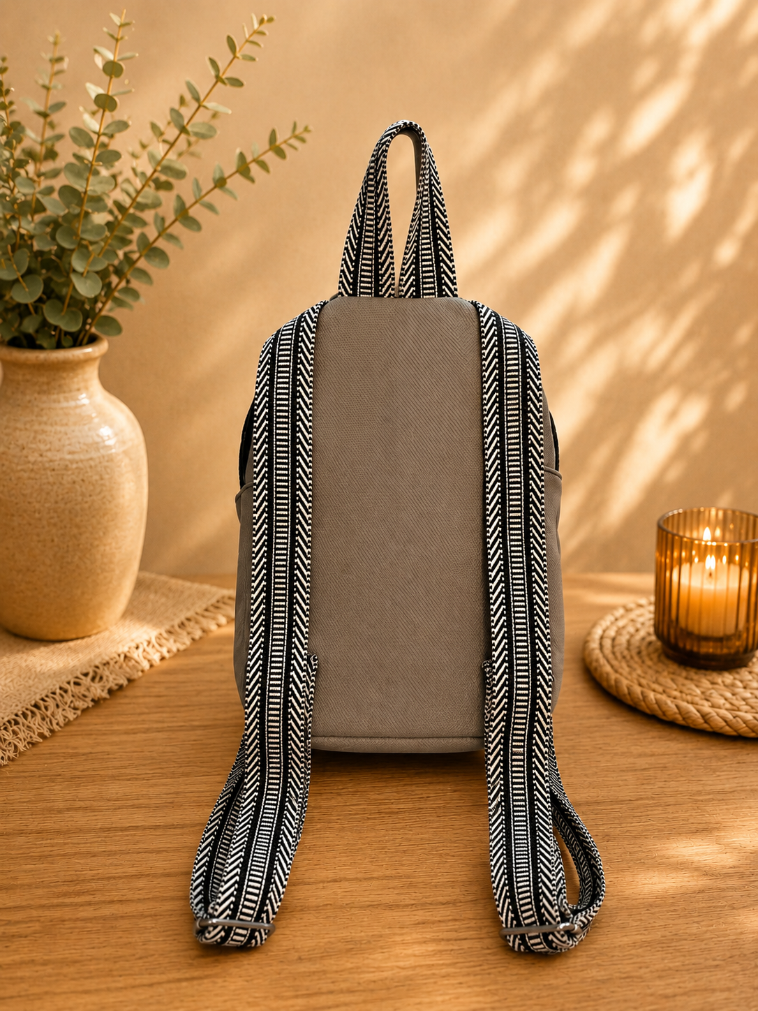 handmade gray vinyl small backpack adjustable straps back view