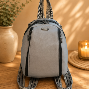 handmade gray vinyl small backpack features front view