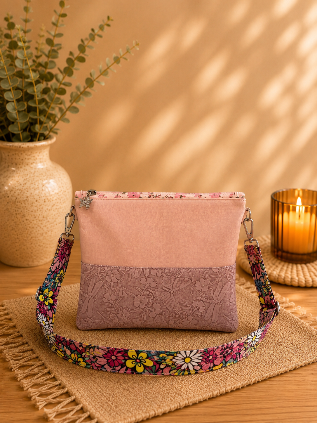 handmade pink floral vinyl crossbody bag back view