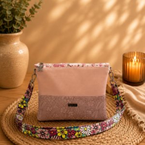 handmade pink floral vinyl crossbody bag front view