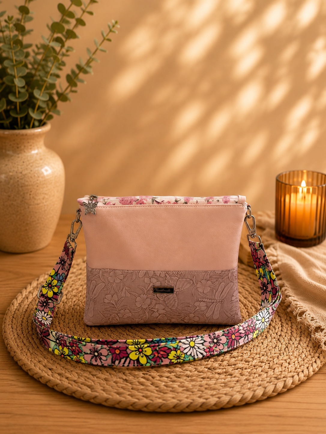 handmade pink floral vinyl crossbody bag front view