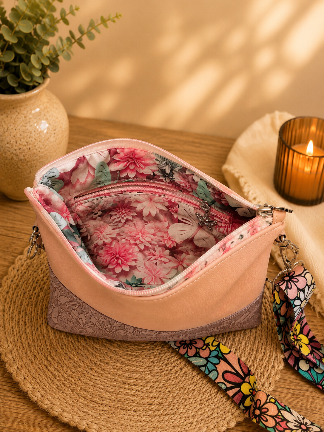 handmade pink floral vinyl crossbody bag interior view