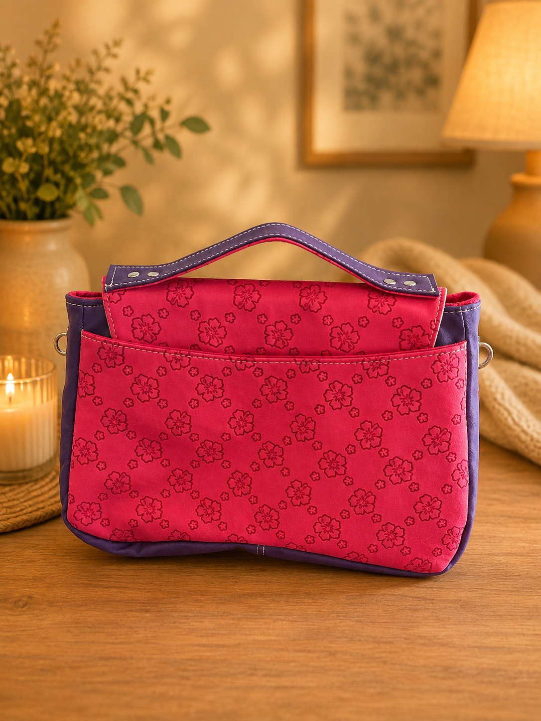 handmade pink floral vinyl handbag back view