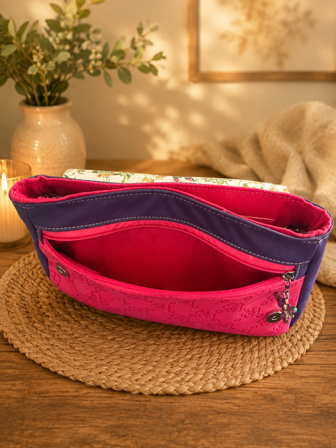 handmade pink floral vinyl handbag exterior zipper pocket