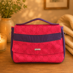 handmade pink floral vinyl handbag front view