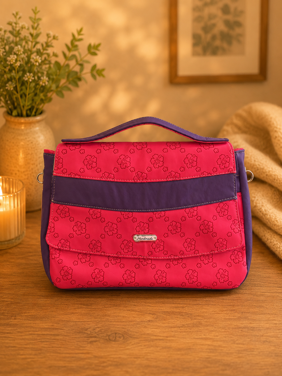 handmade pink floral vinyl handbag front view