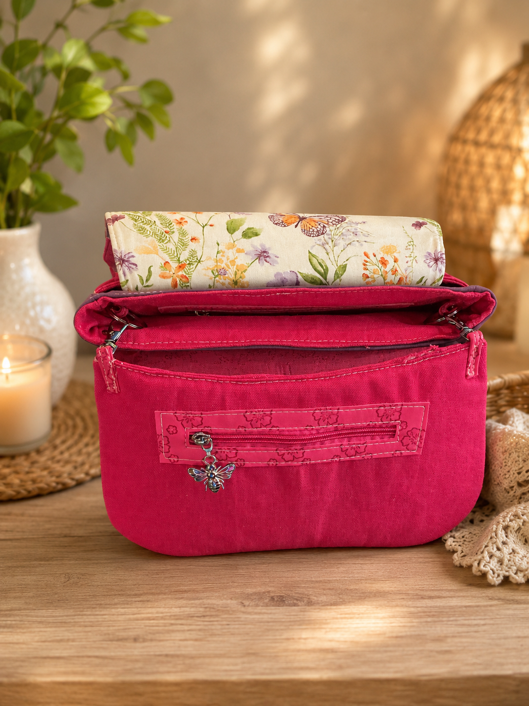 handmade pink floral vinyl handbag interior zipper pocket