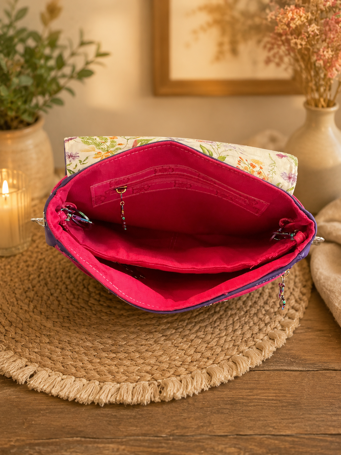 handmade pink floral vinyl handbag main interior view