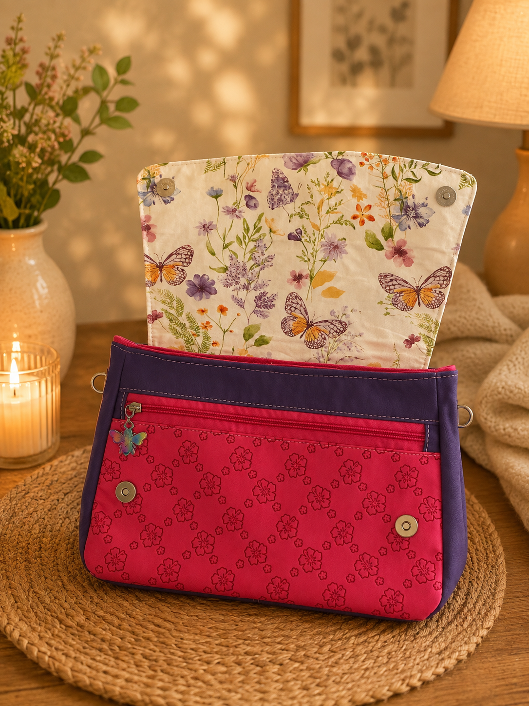handmade pink floral vinyl handbag open back flap