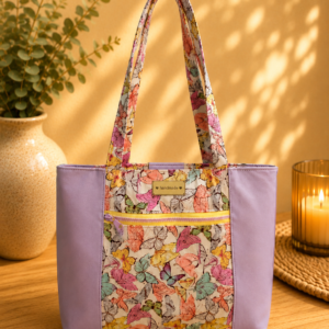 handmade purple vinyl butterfly tote bag front zipper pocket