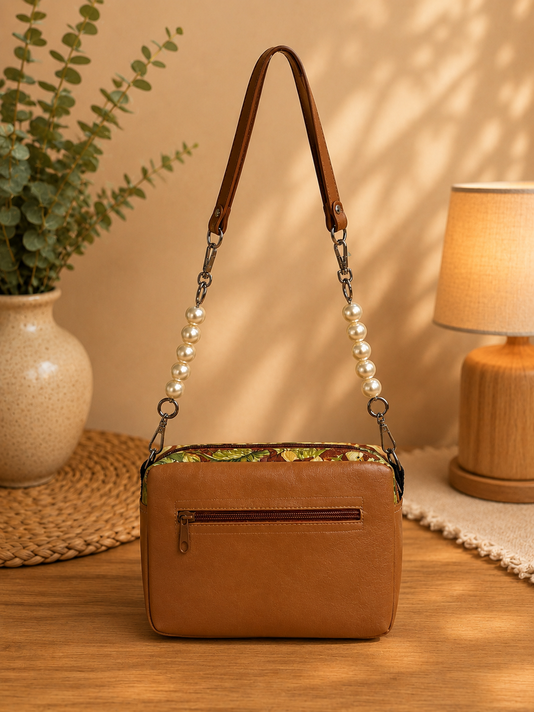 monkey print handbag back zipper pocket view
