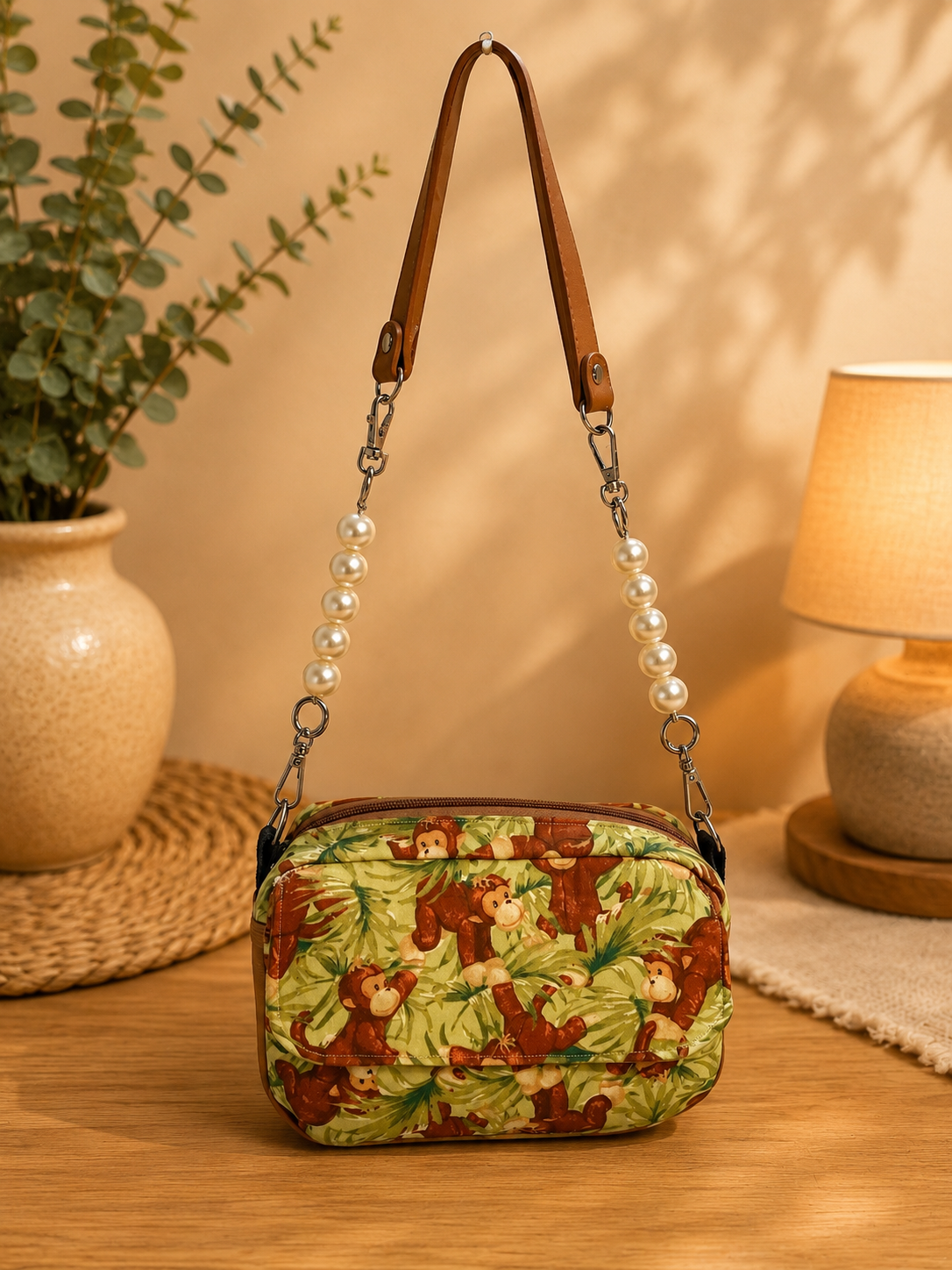 monkey print handbag front view