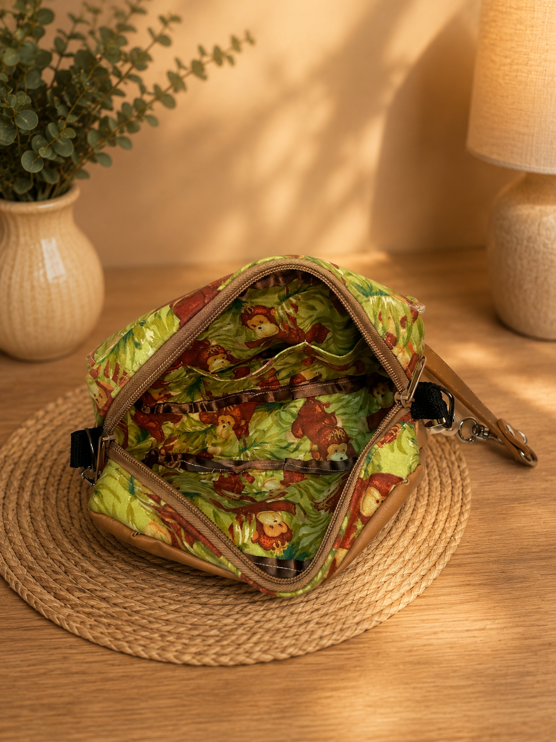 monkey print handbag interior pocket view
