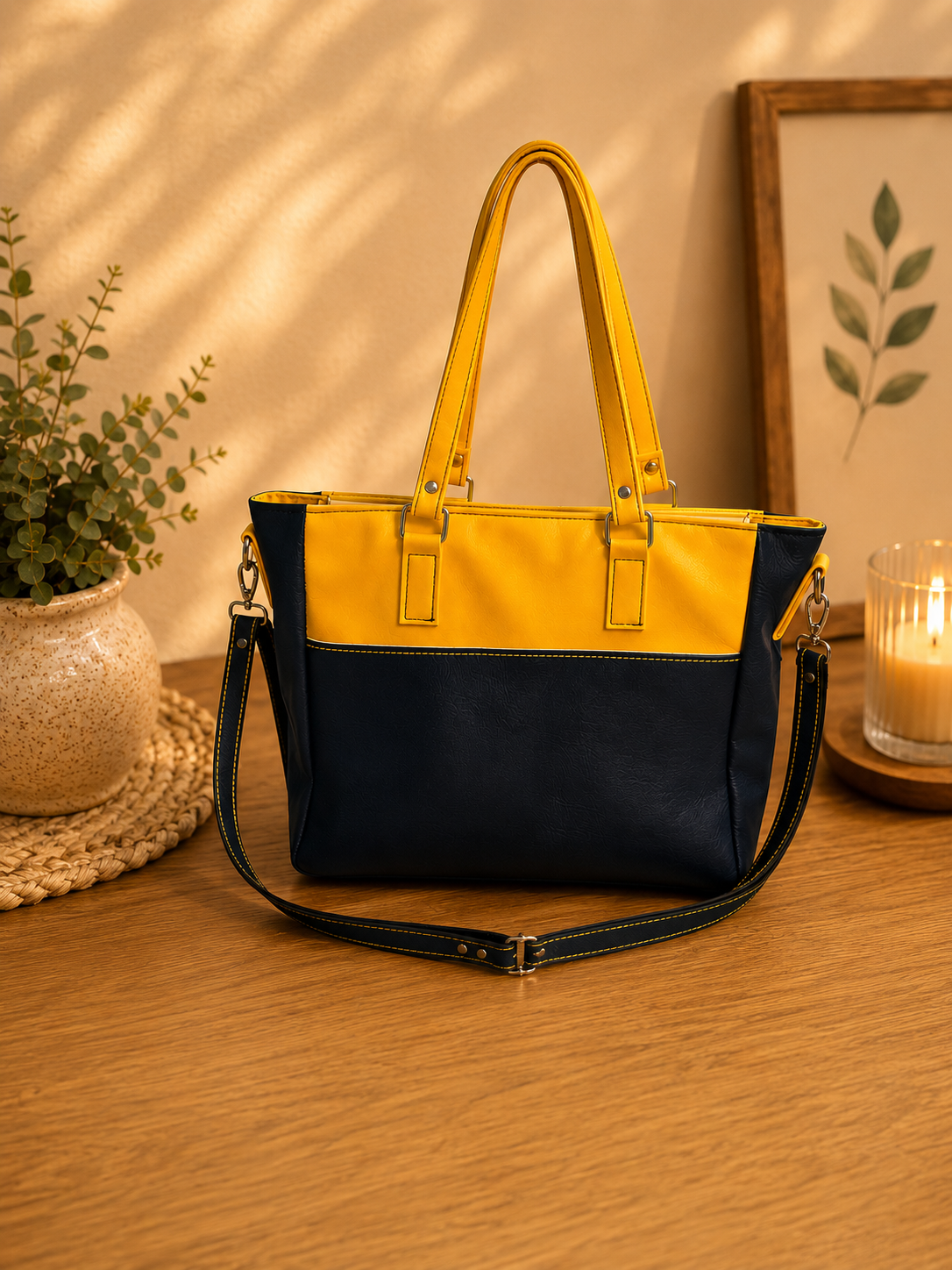 navy blue and yellow vinyl tote bag back view
