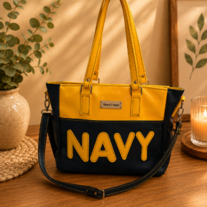 navy blue and yellow vinyl tote bag front view