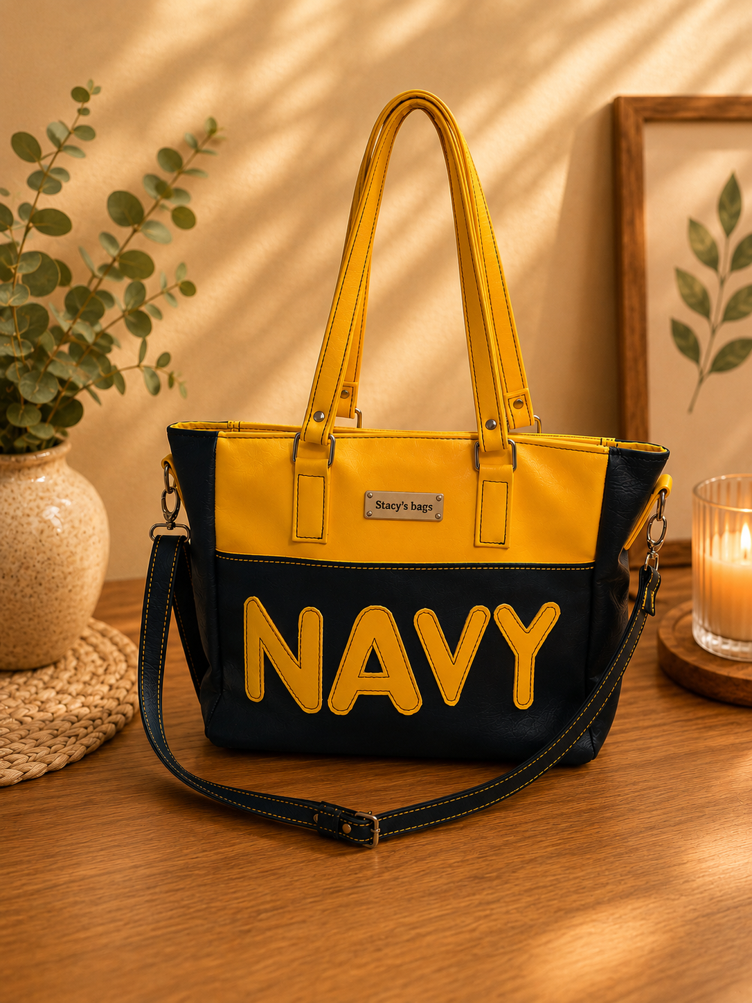 navy blue and yellow vinyl tote bag front view