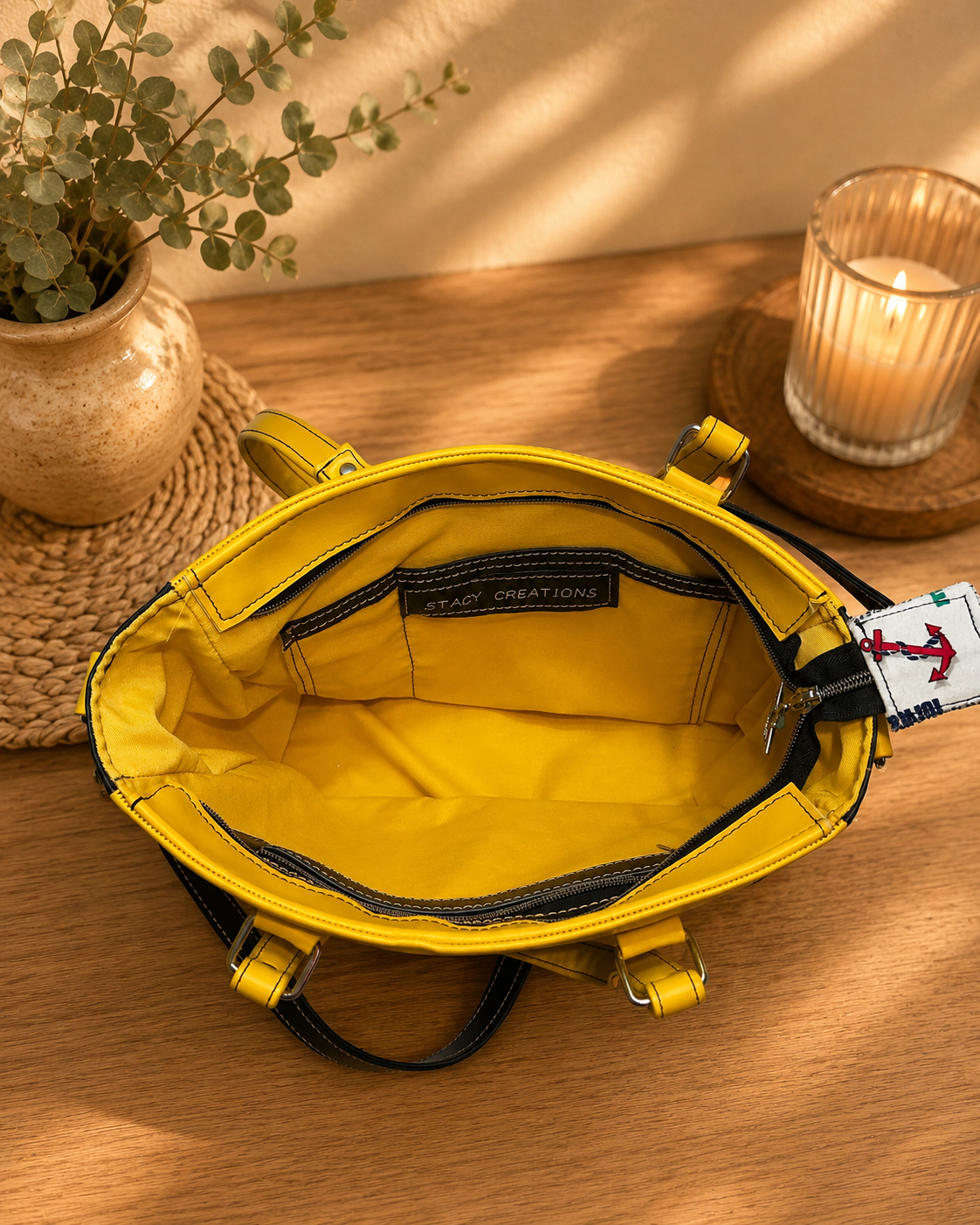 navy blue and yellow vinyl tote bag interior slip pocket