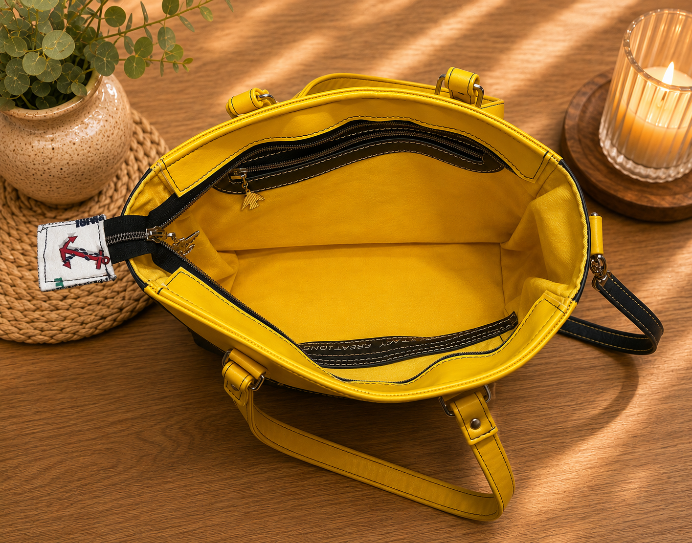 navy blue and yellow vinyl tote bag interior zipper pocket