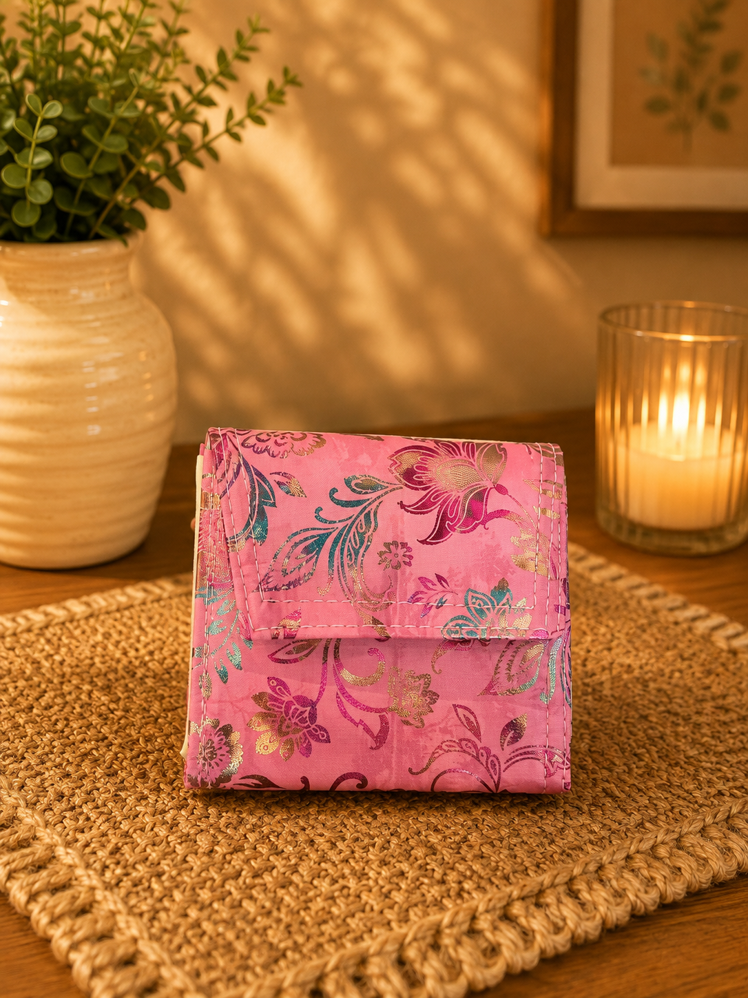 pink floral cotton wallet front view