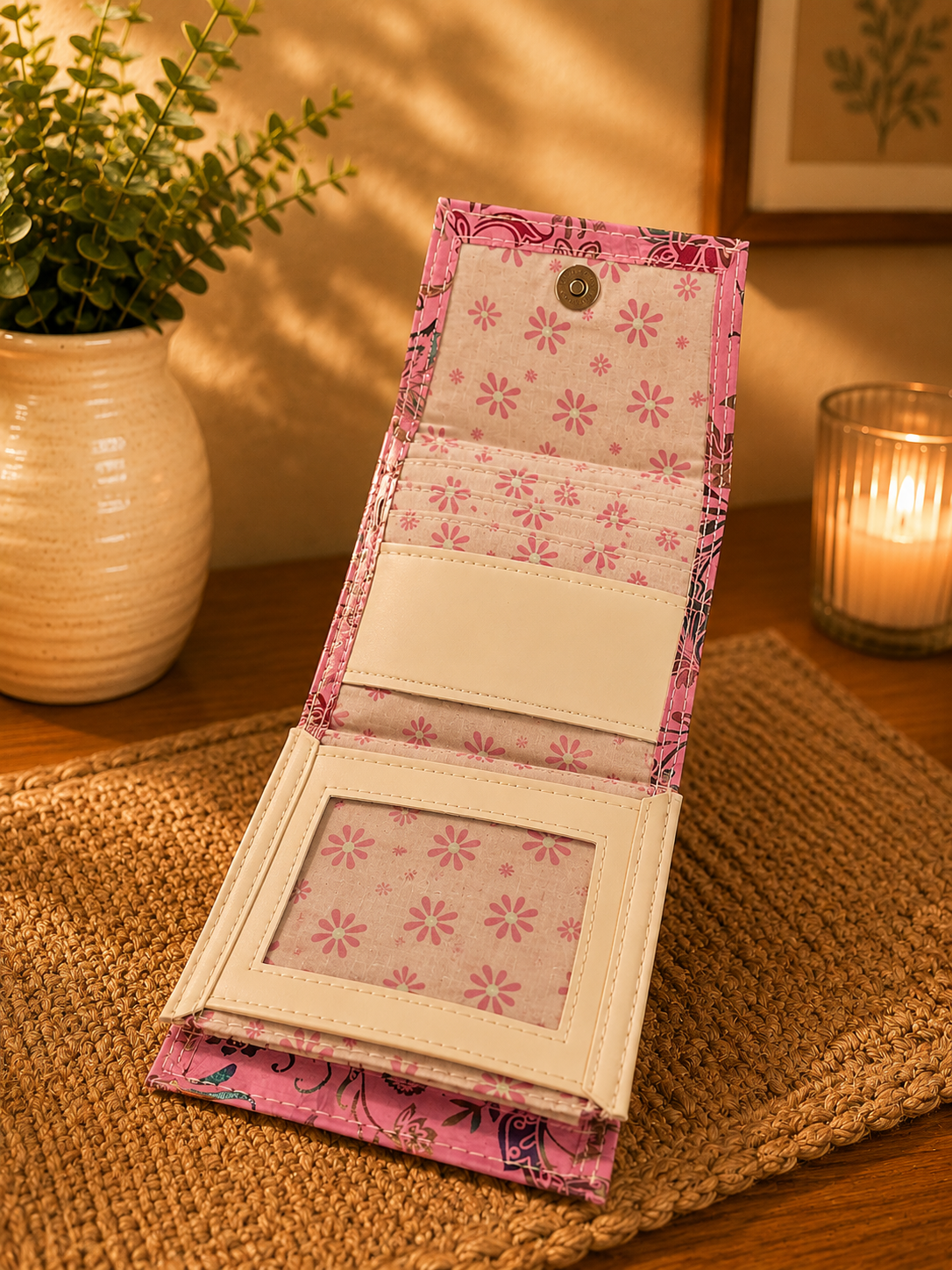 pink floral cotton wallet open view