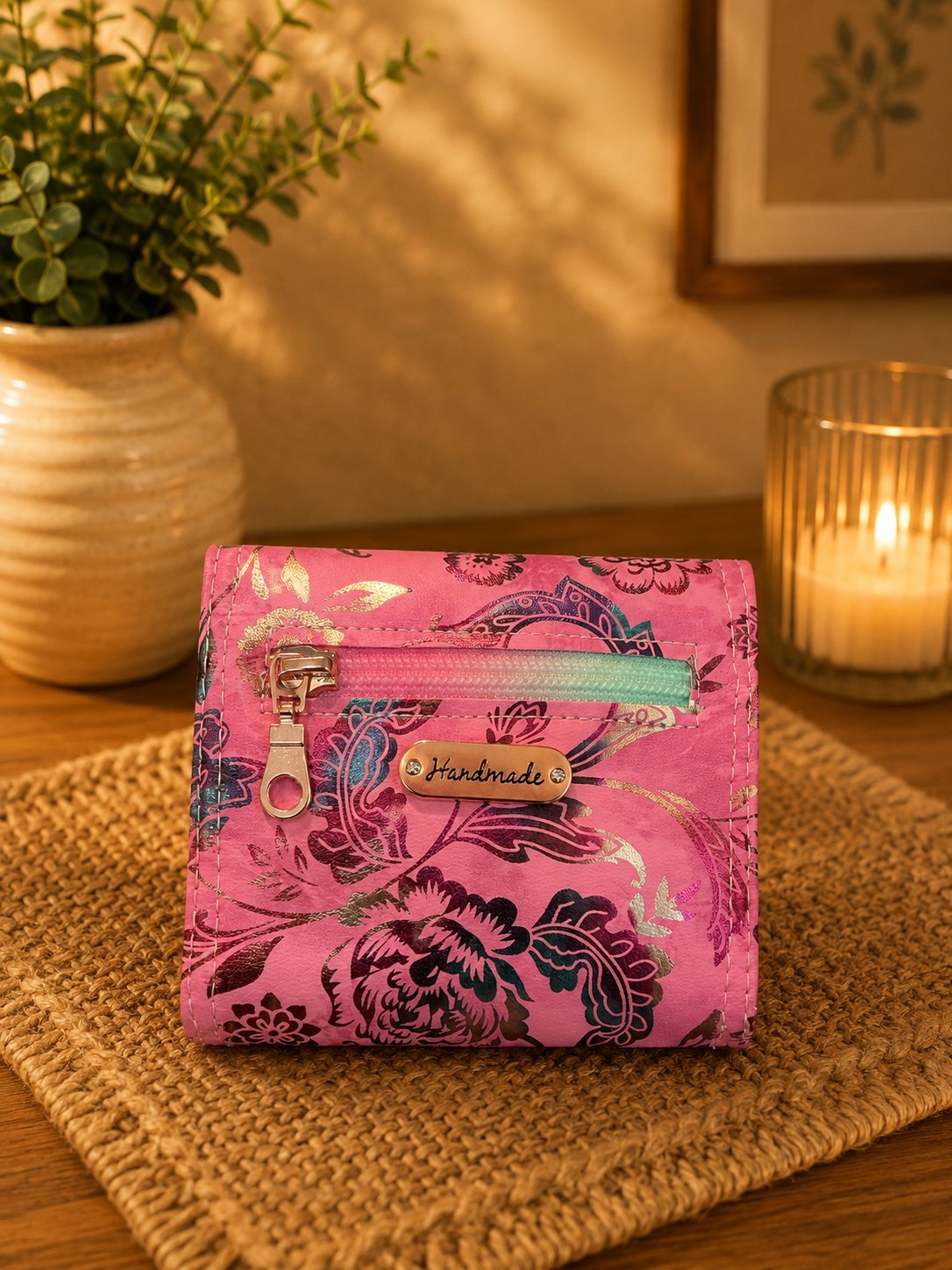 pink floral cotton wallet zipper pocket view