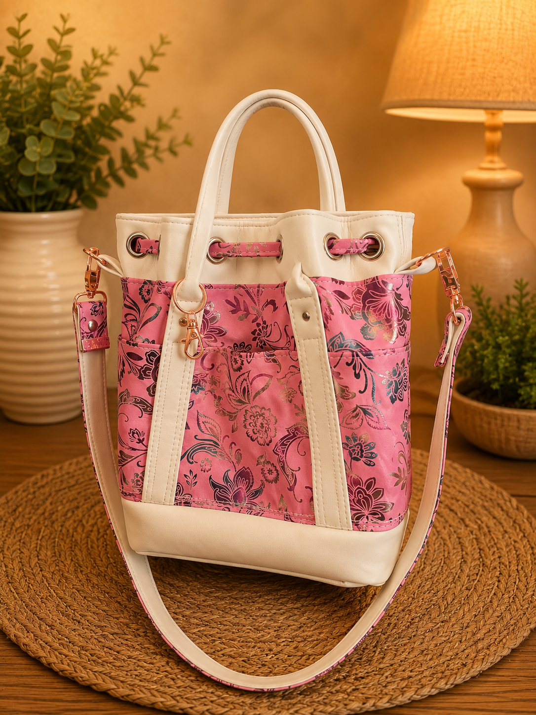 pink floral vinyl and cotton handbag back view