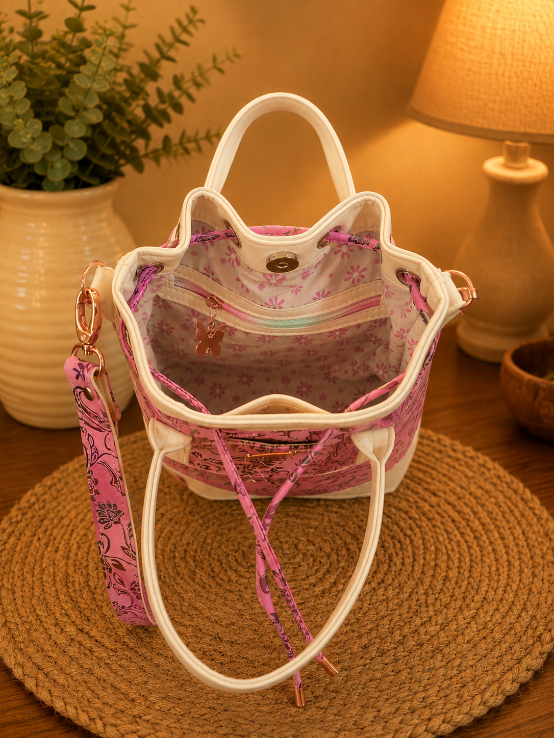 pink floral vinyl and cotton handbag interior view
