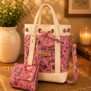 pink floral vinyl and cotton handbag wallet set
