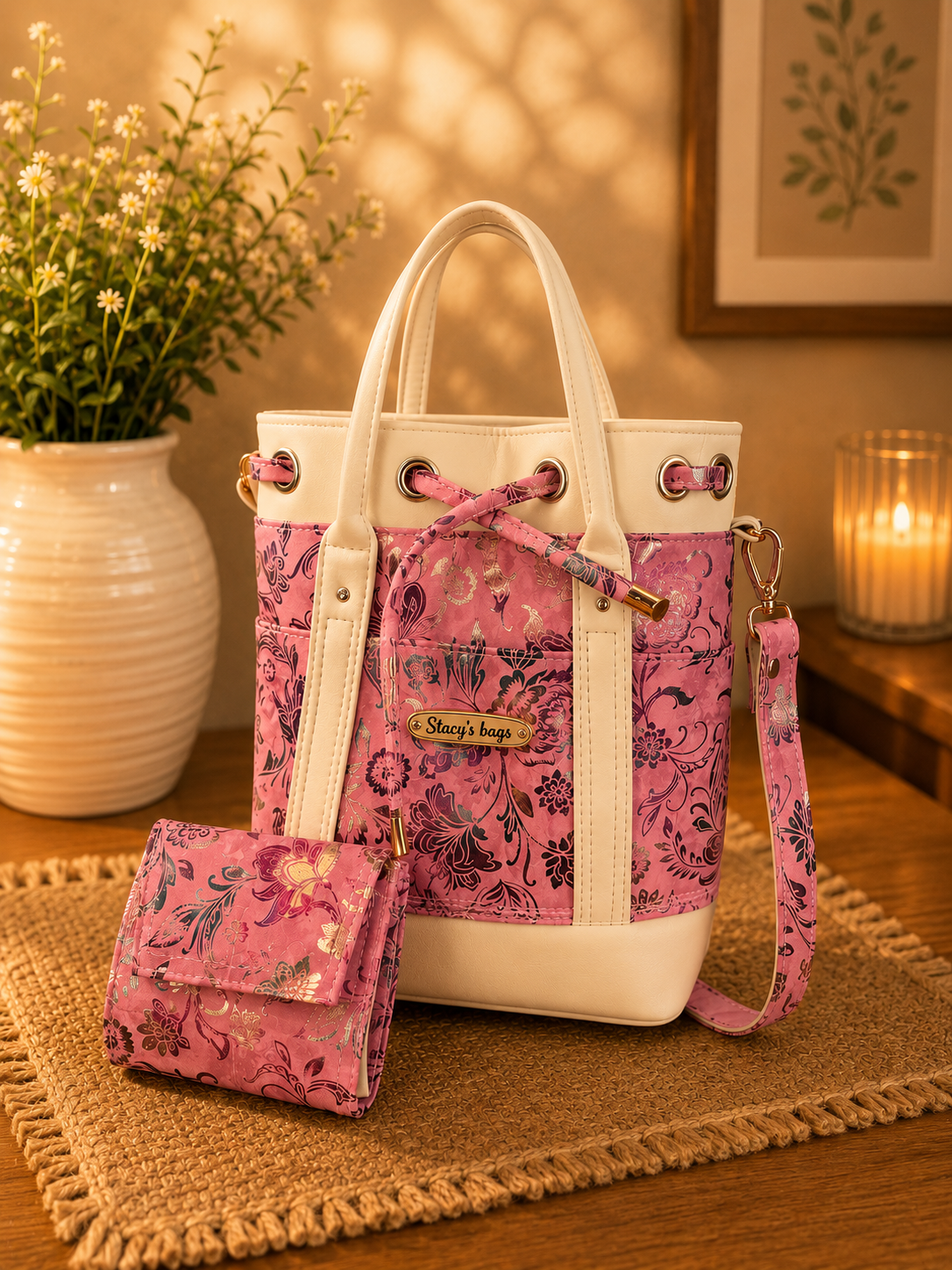 pink floral vinyl and cotton handbag wallet set