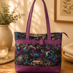 purple floral vinyl tote bag front view