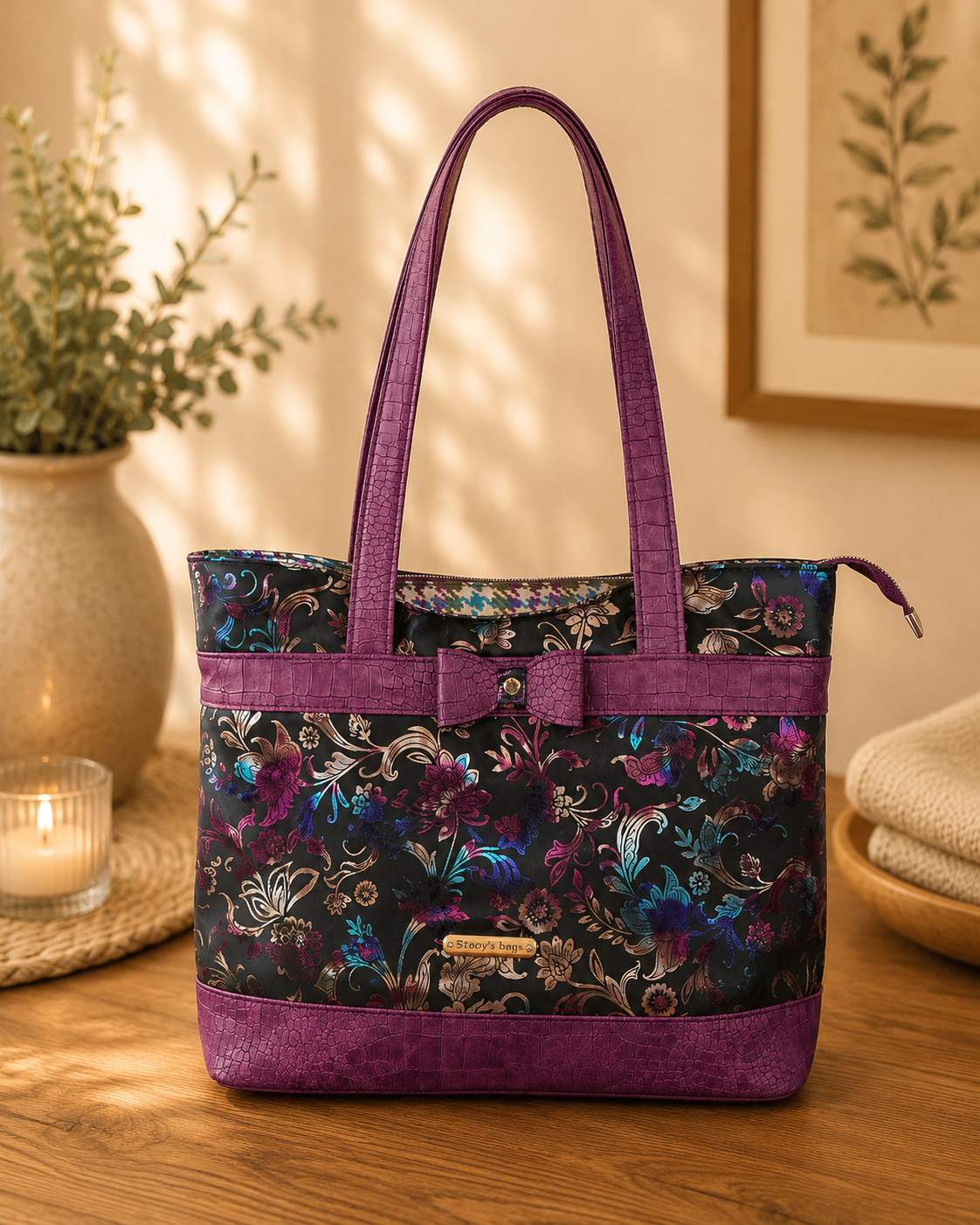 purple floral vinyl tote bag front view