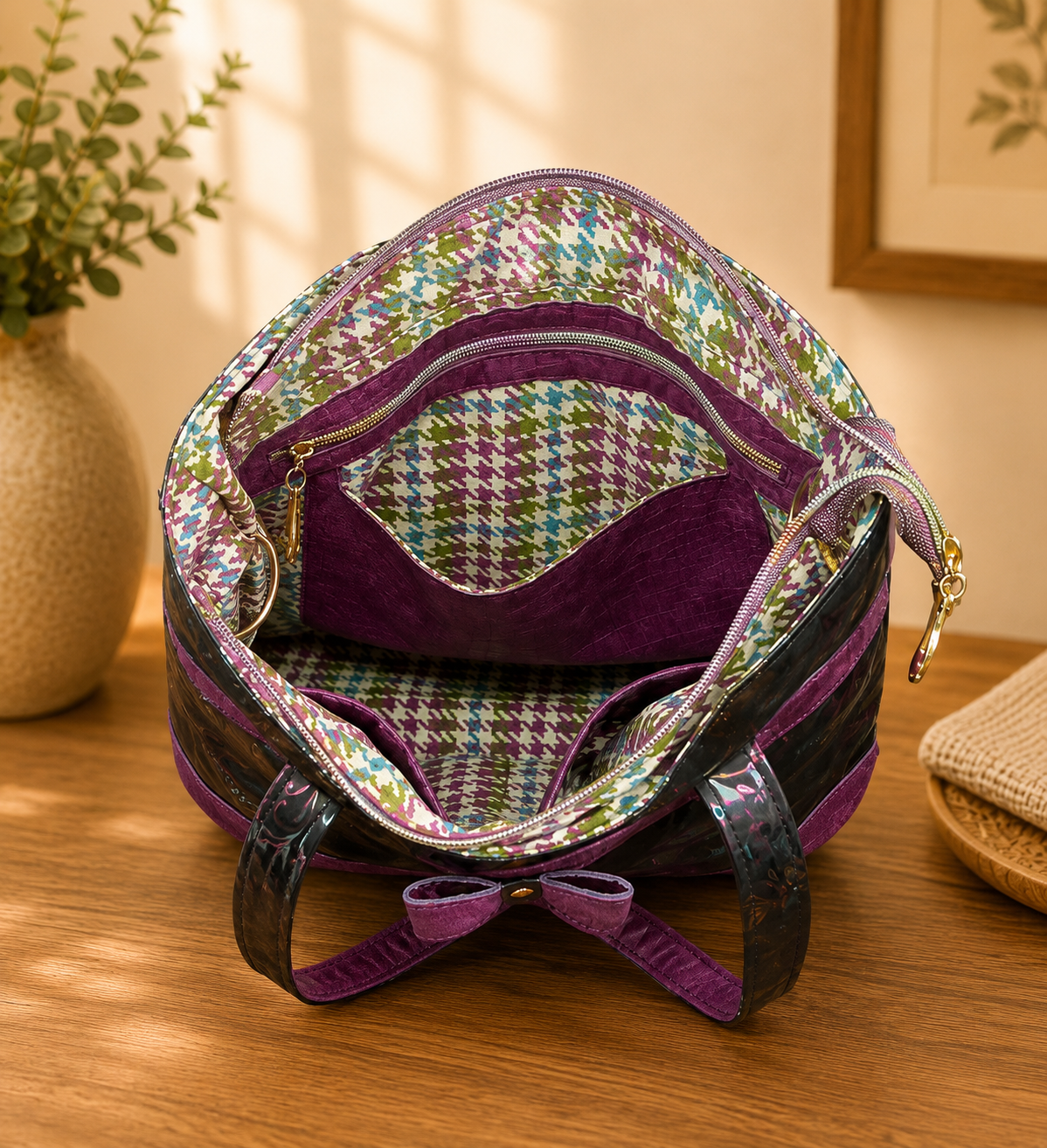 purple floral vinyl tote bag interior pockets view