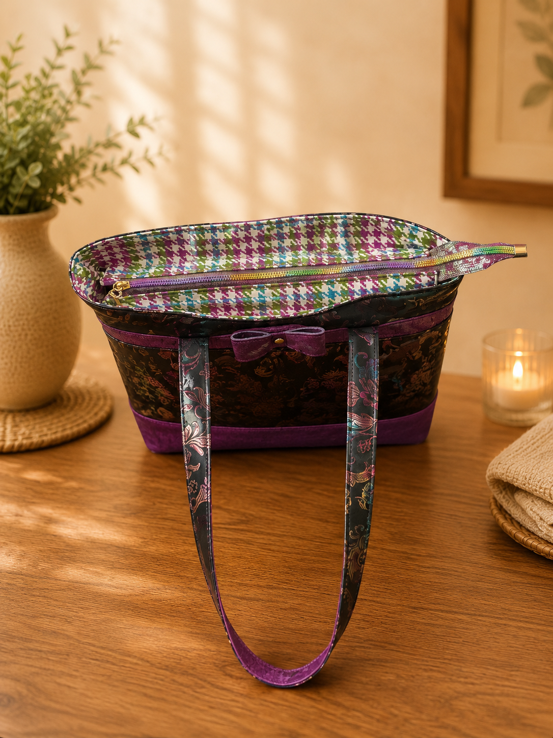purple floral vinyl tote bag top zipper view
